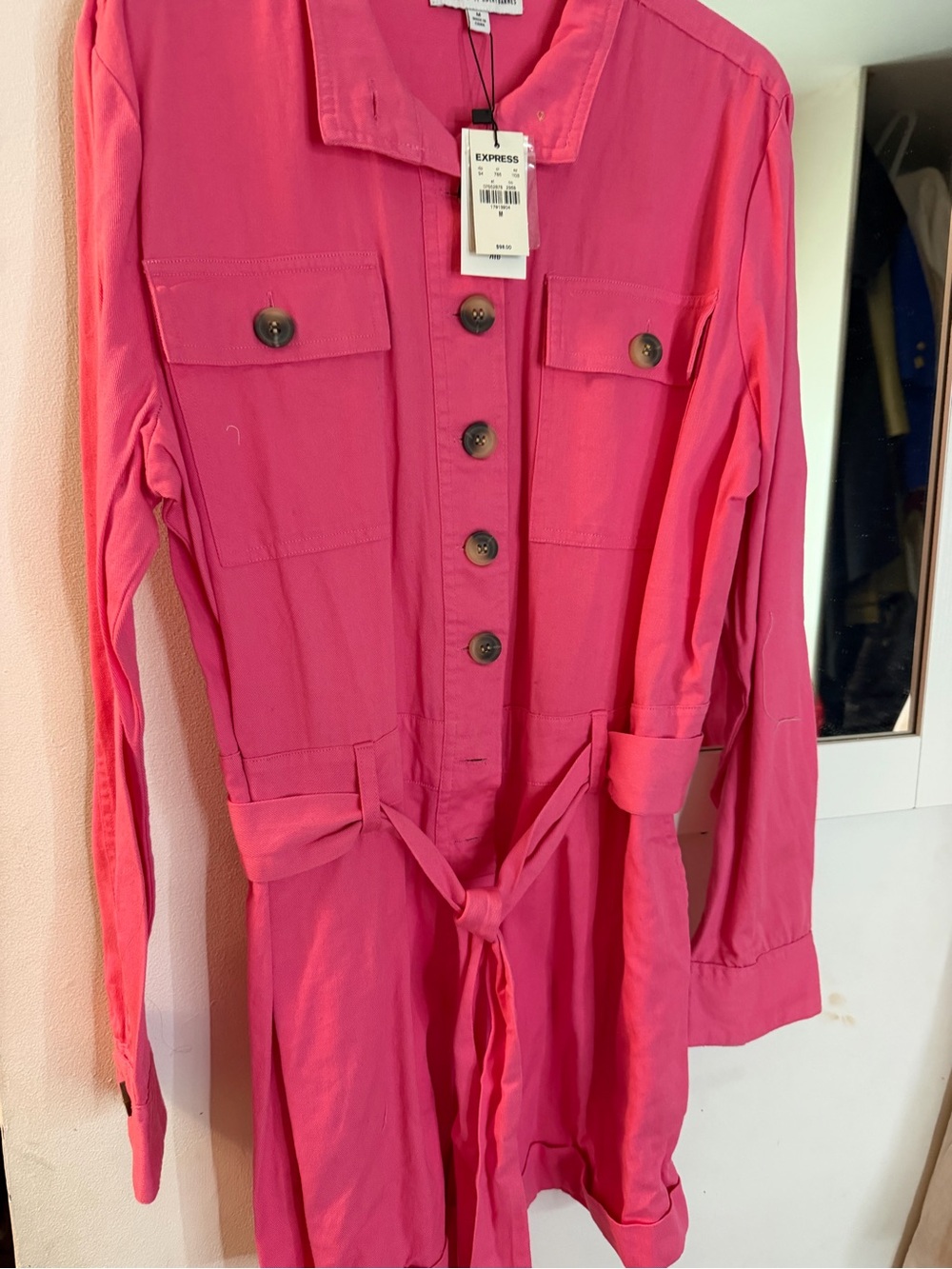 Express Hot Pink Button-Front Utility Romper with Waist Tie